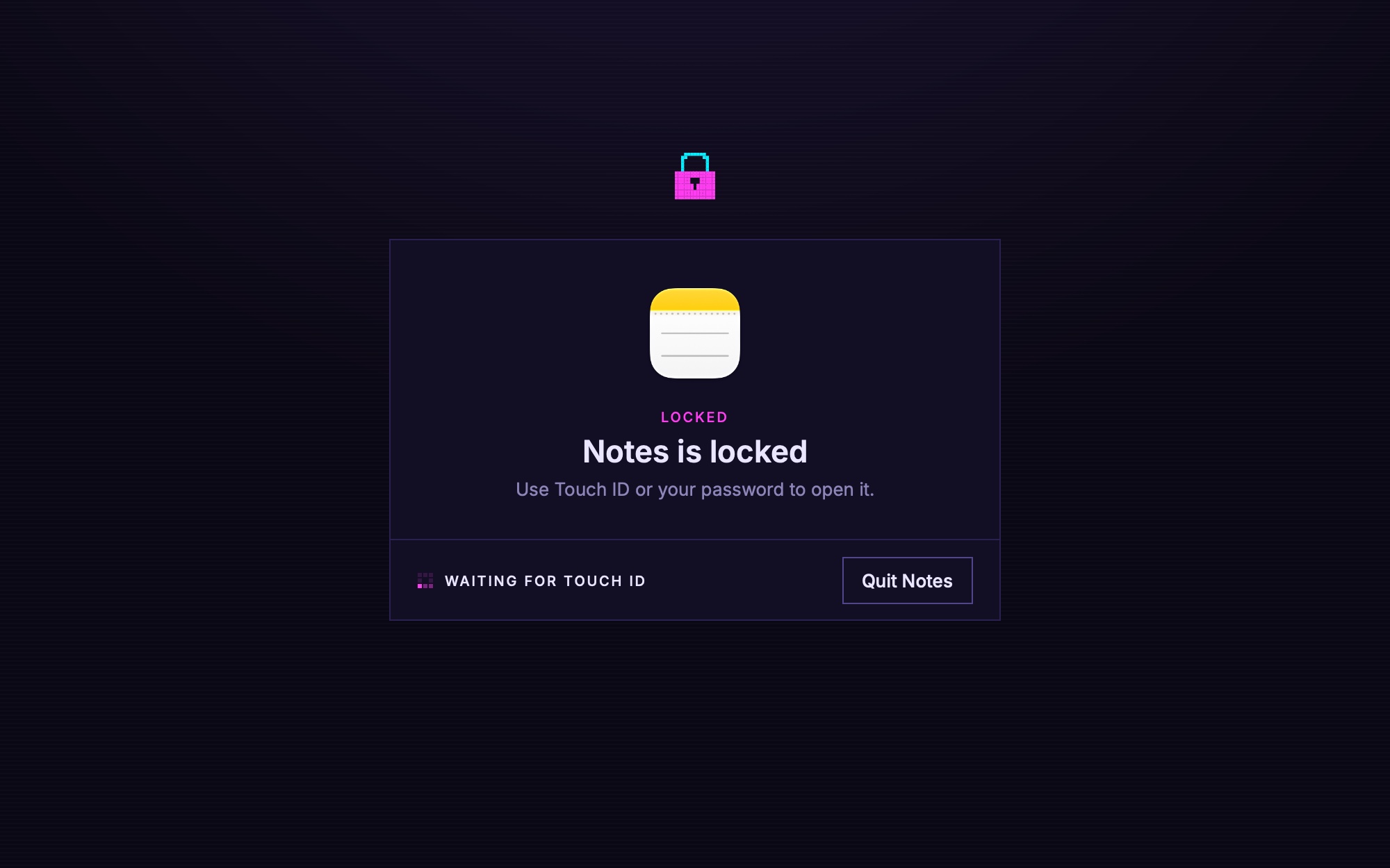 AppLatch's lock screen saying Notes is locked, waiting for Touch ID
