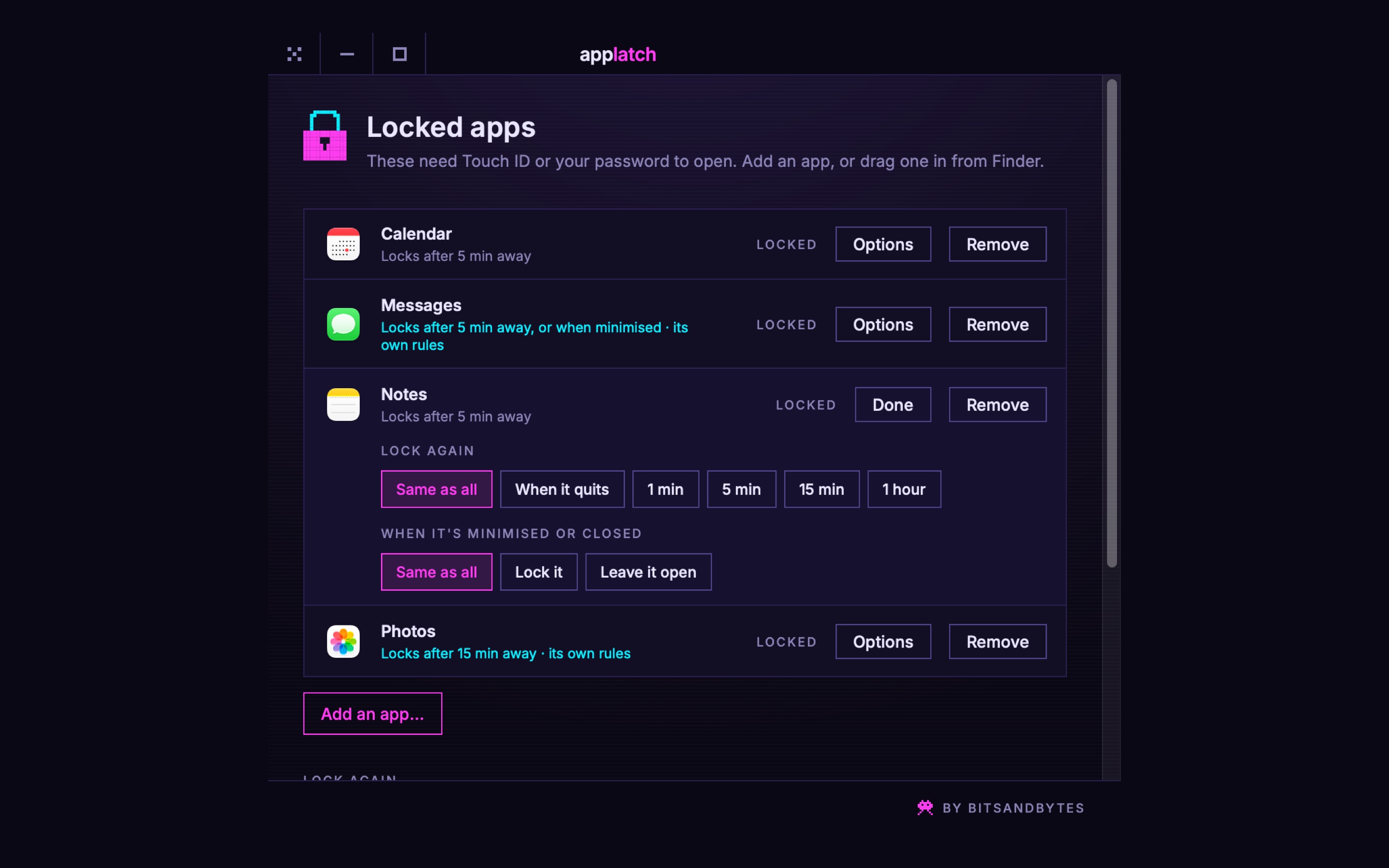 AppLatch's list of locked apps: Calendar, Messages, Notes and Photos, with the options for Notes open