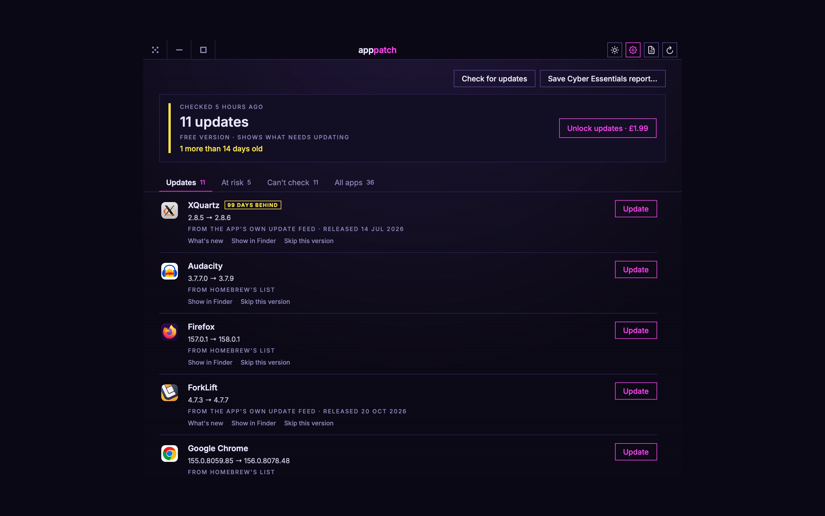 The free version of AppPatch showing what needs updating