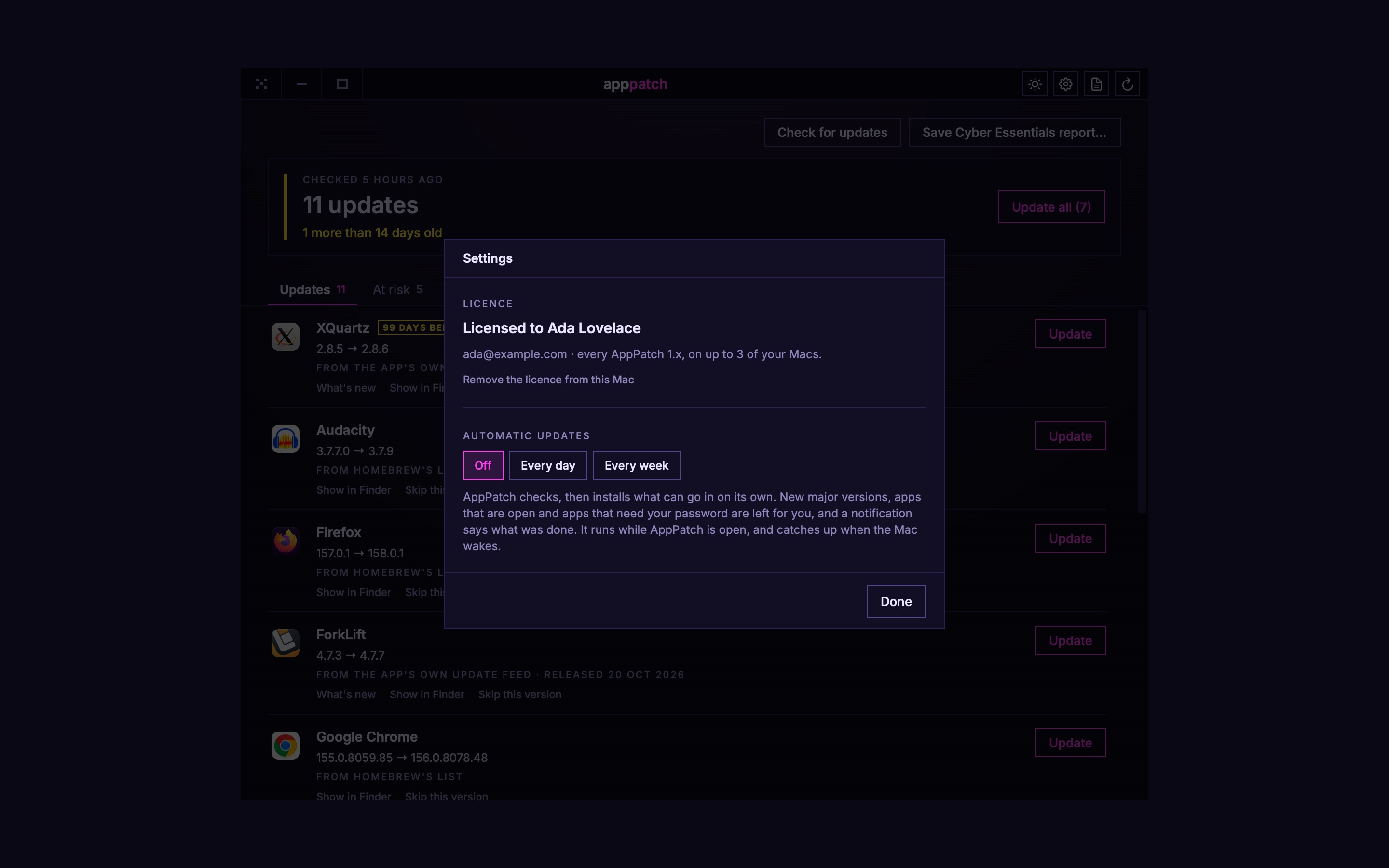 AppPatch's settings, with the licence and automatic updates
