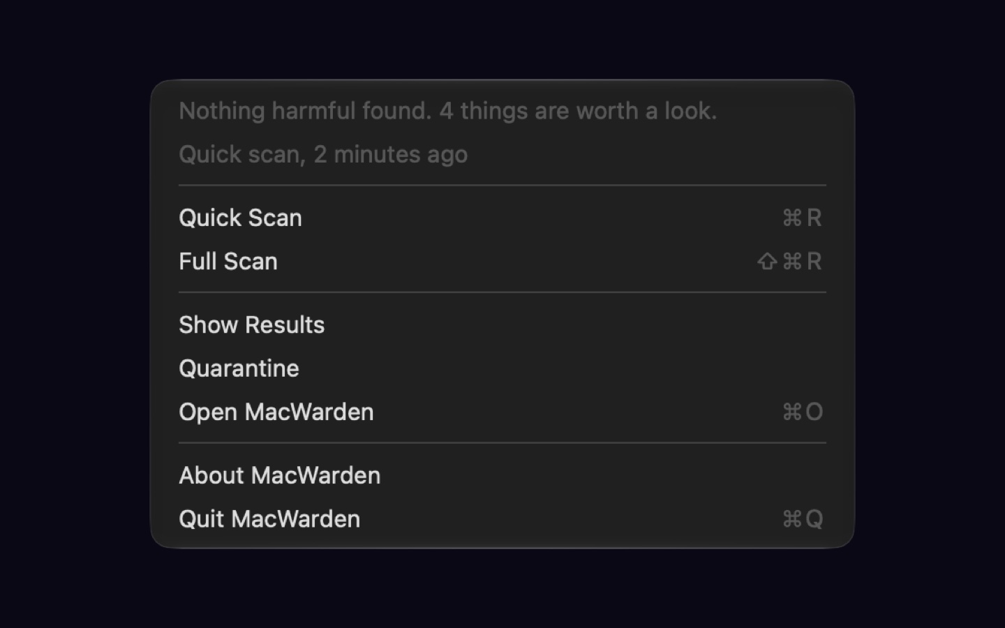 MacWarden's menu bar menu