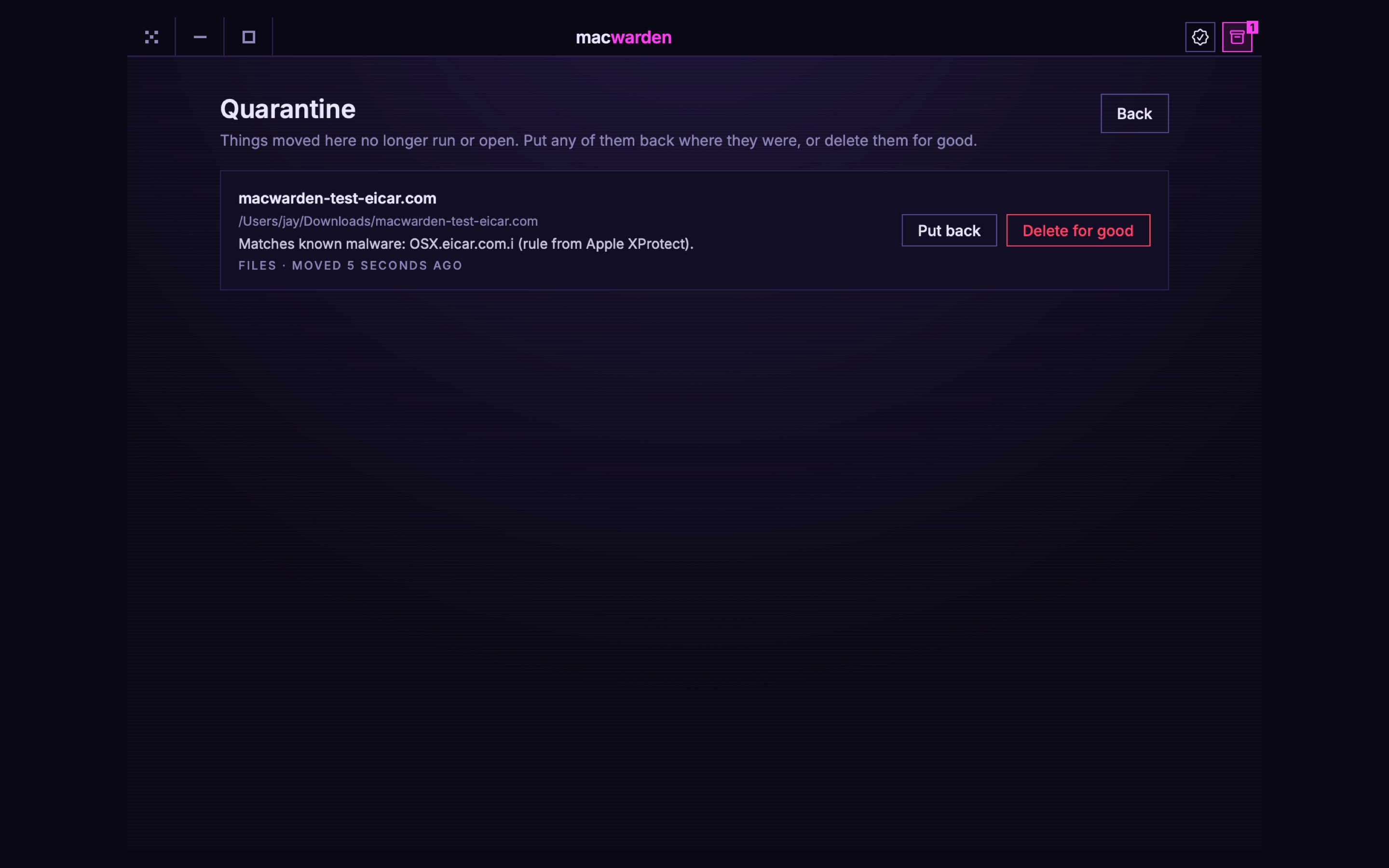 MacWarden's quarantine page with one file in it