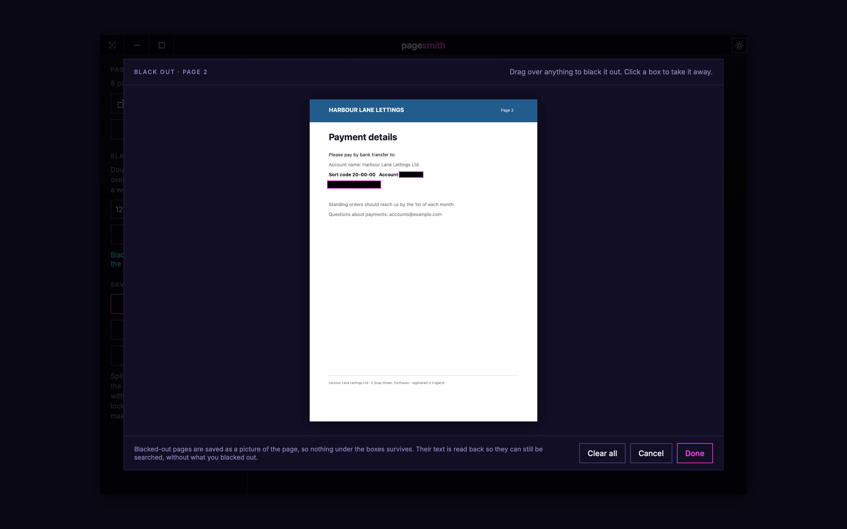 PageSmith blacking out an account number on a page