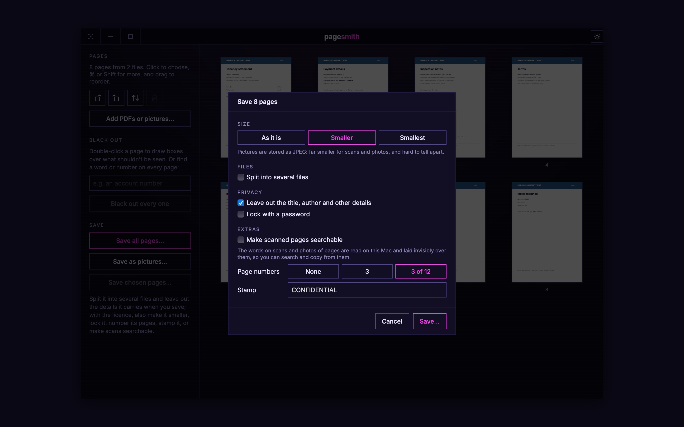 PageSmith's save options