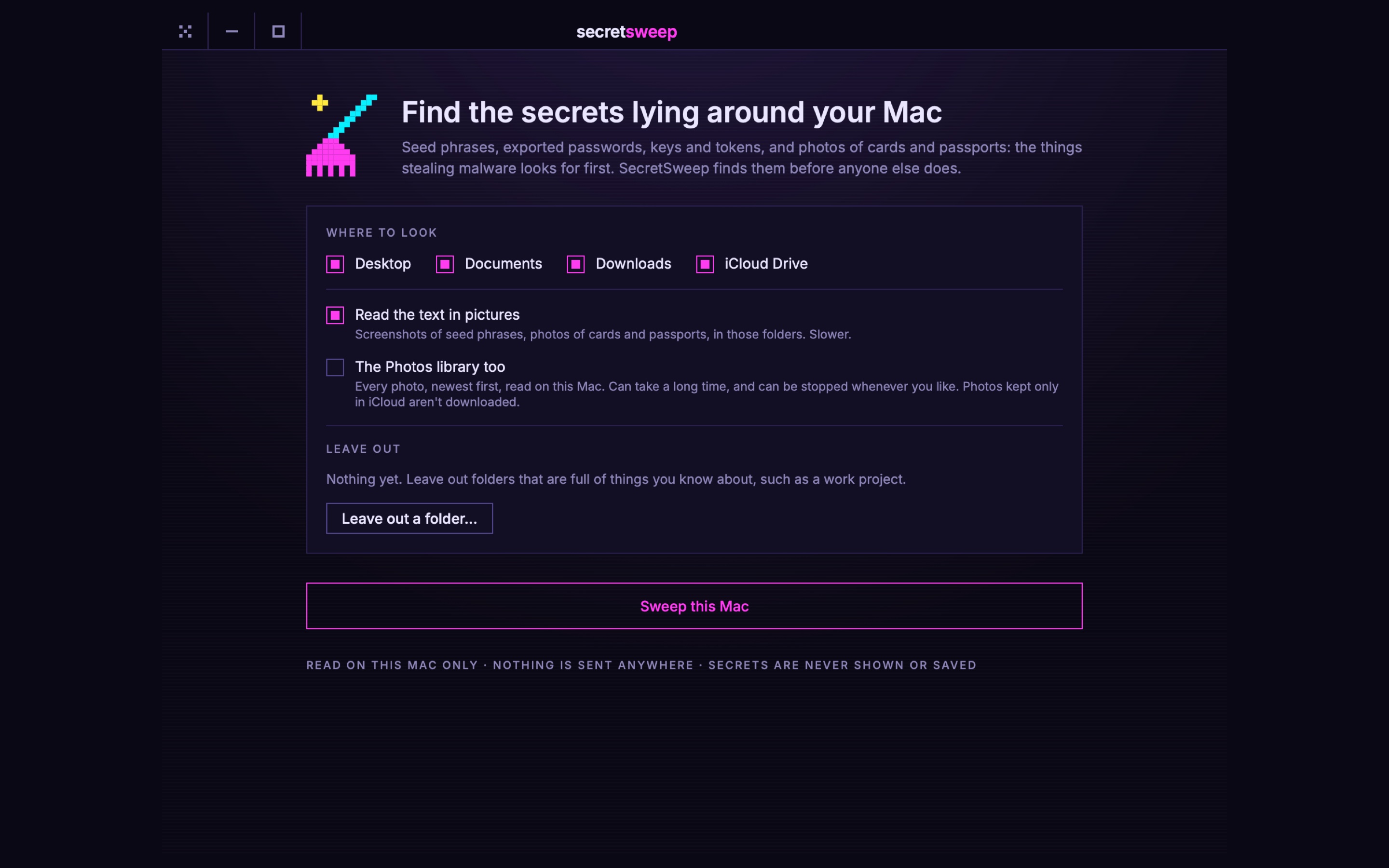 SecretSweep's home screen