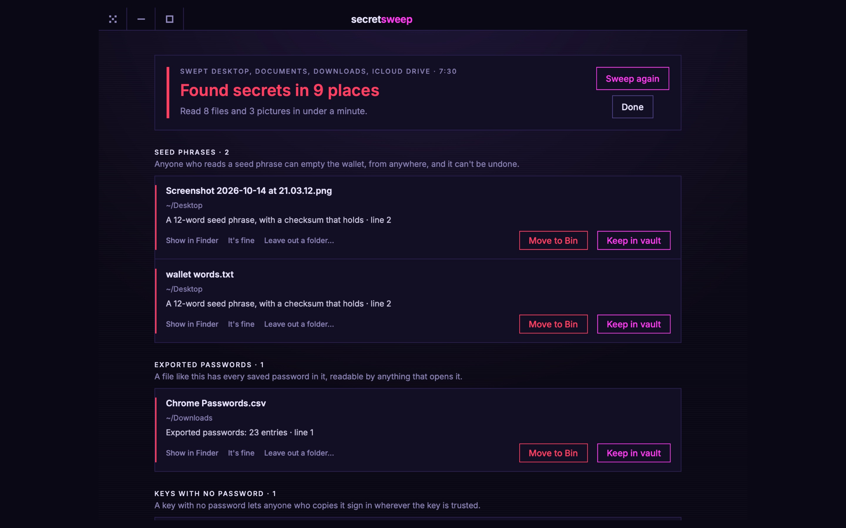 SecretSweep's results: two seed phrases and exported passwords found, from test files